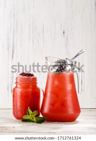 Traditional Mexican beverage refreshment in a jar and glass flavored raspberry and mint. Picture best use for Mexican restaurant book menu concept.