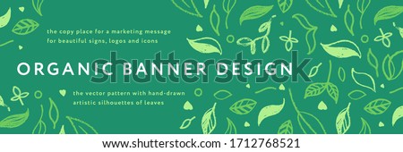 Vector herbal banner with drawings of herbs. Natural cosmetic label. Leaf silhouette for eco store, healthy food. Botanical background for bio pattern, herbal medicine with organic illustrations. Royalty-Free Stock Photo #1712768521