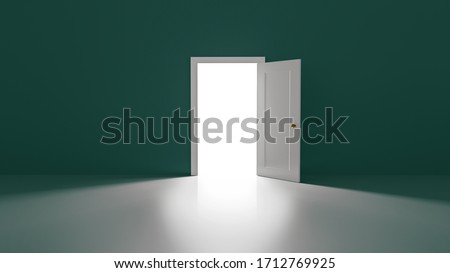 Portal for a better place, Opportunities and Future. Open door emitting intense white light. Aiming for a better future, new opportunities, a place with truth.