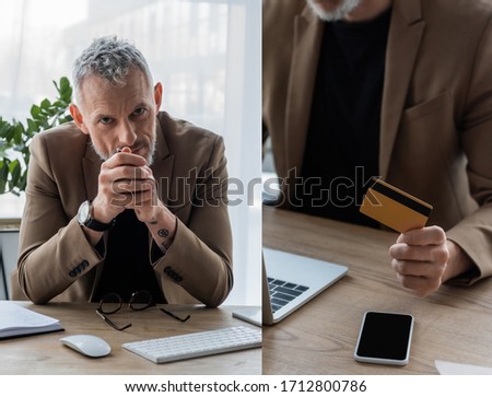 collage of businessman with clenched hands looking at camera and holding credit card near smartphone with blank screen