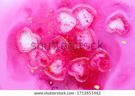 Pink abstract background of ice hearts. Love concept, modern style. Romantic card with frozen heart. Symbol of Valentine day. Cool texture, pattern. Laconic art design.