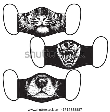 Set of reusable masks with dogs and tiger mouth print on black background vector illustration