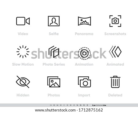 Media Files vector icon set. Camera And Photography set with Selfie, Panorama, Screenshots, Slow Motion, Photo, Series, Animation, Animated, Hidden Photos, Import and Delete Line icons for Photo App Royalty-Free Stock Photo #1712875162