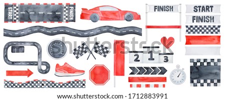 Big Racing Collection of various speed symbols, motor sport signs, flags, arrows, award pedestal, sneaker, love heart and seamless borders. Hand drawn watercolour painting, cutout elements for design.