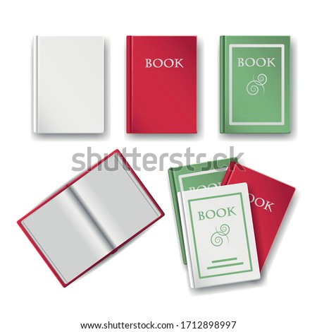 A set of vector books in red white and green isolated on a white background. Templates for empty book bindings, an open book, and a stack of books. Top view or flat layer.Use it as a clip art.