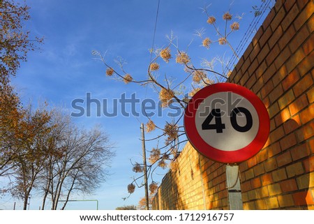 
blue green and red color contrast. Forty speed limit traffic sign in a natural environment