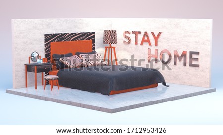 3d Bedroom interior stay home sign