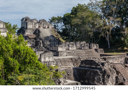 Mayan temple pyramids archeological excavation in Tikal national park green rainforest  Royalty-Free Stock Photo #1712999545