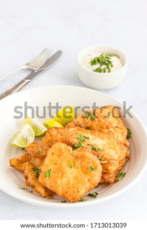 Fried Fish with White Sauce,  English Food, Vertical Photo