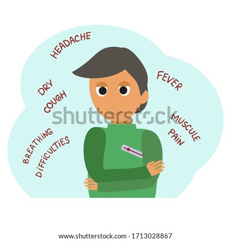 Sick Person with a Thermometer under his Arm. Symptoms of Coronavirus Infection. Vector Cartoon Illustration for Banner, Icon, Poster or Website.