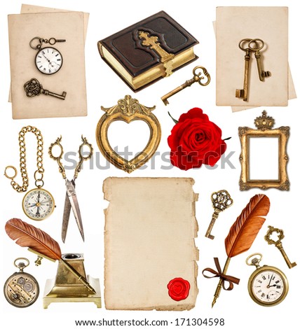 old paper sheets with vintage accessories isolated on white background. antique clock, key, postcard, photo album, feather pen, inkwell, glasses, compass, scissors, flower. objects for scrapbooking