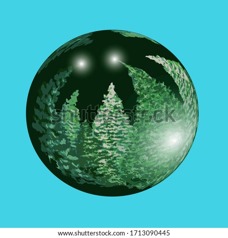 3D balloon with winter forest reflection. Happy New Year. Merry Christmas