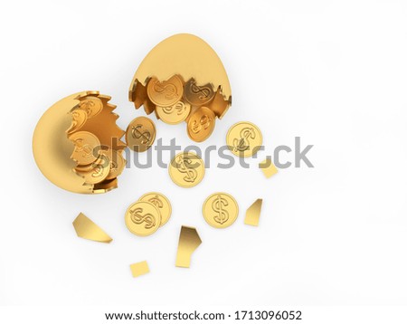 Golden egg with sprinkled coins with a dollar sign isolated on white background.  3D illustration