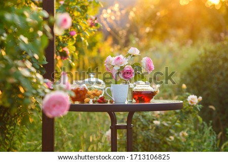 Jam in glass jar. Romantic dinner in the garden under a rose bush. Summer time. Copy space Royalty-Free Stock Photo #1713106825