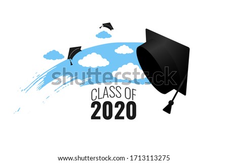 Class of 2020. Hand drawn brush blue sky stripe, clouds, number with education academic cap. Template for graduation party design, high school or college congratulation graduate. Vector illustration.