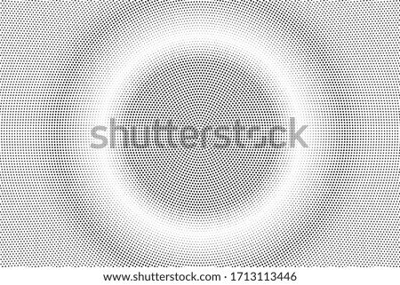 Black and white vector halftone. Round half tone digital texture. Centered dotted gradient. Retro  effect smooth overlay. Dot pattern on transparent backdrop. Dynamic halftone perforated texture