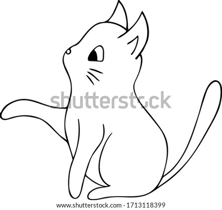Kitten. Vector illustration. Outline on an isolated background. Doodle style. Sketch. Coloring book for children. Lovely pet. A purring creature with a mustache. Fluffy animal. Hand drawing. 