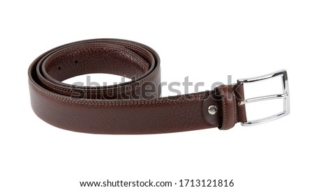 New dark brown black leather belt with nickel buckle. Without 
shadows. Isolated on white background  Royalty-Free Stock Photo #1713121816