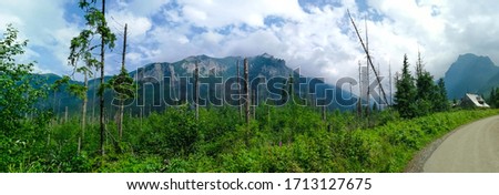 Panorama of Polish mountains in Dolina Rybiego Potoku. Tatra Mountains. Tatra National Park