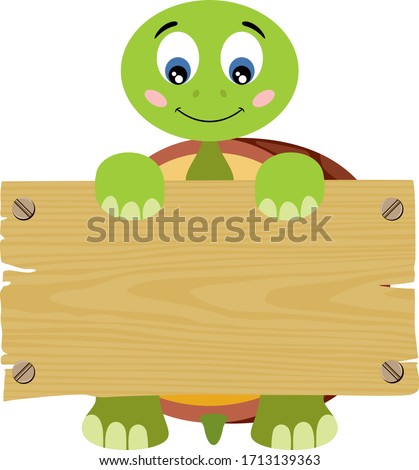 Cute turtle holding a wooden signboard
