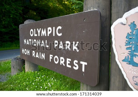 Olympic National Park - Hoh Rain Forest Wood Sign. Washington, United States.