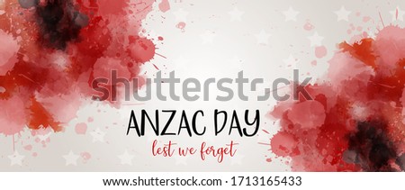 Remembrance day symbol. Anzac Day. Lest we forget lettering. Red watercolor poppies. Horizontal banner template