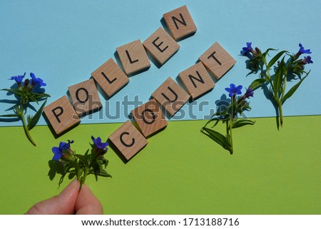 Pollen count, words in  3D wooden alphabet letters, with woman's hand and fresh flowers