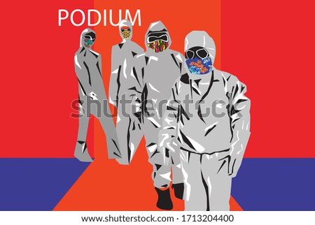 Modern people in professional isolated suits, brightly patterned masks, glasses and gloves walk on the fashion podium. Abstract style future stencil. Coronavirus epidemic concept illustration.