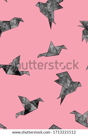 Hand Painting Abstract Watercolor Tie Dye Batik Geometric Origami Flying Swallow Birds Repeating Pattern Isolated Background