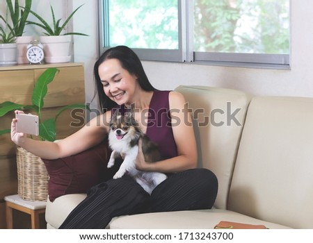 Beautiful Asian woman sitting on couch in living room taking selfie photo with her Chihuahua dog on her lap , work from home , social distancing concept.