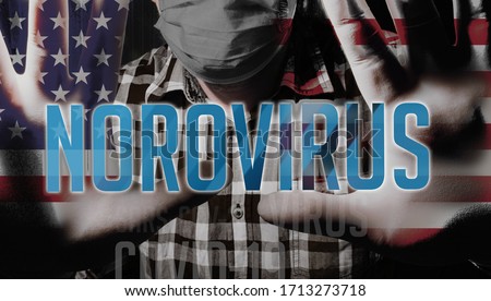 man hands with medical rubber gloves and mask with american flag norovirus with text 