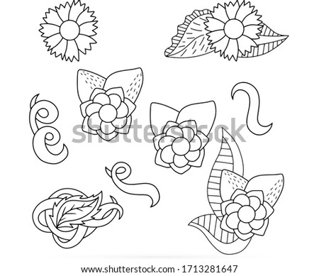 Doodle coloring antistress flower with leaf and wave swirl isolated on white. Bundle hand drawing art line for card. Design cloth. Sketch vector stock illustration