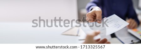 Giving Payroll Bank Paycheck To Employee Banner  Royalty-Free Stock Photo #1713325567