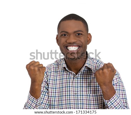 Closeup portrait of handsome happy, screaming young student man winning, arms, fists pumped celebrating success, isolated on white background, Positive human emotion, facial expression feeling