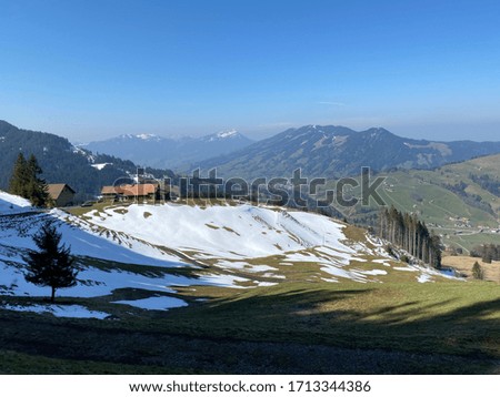 The early spring atmosphere and the last remnants of winter in the Alptal alpine valley, Einsiedeln - Canton of Schwyz, Switzerland (Kanton Schwyz, Schweiz)