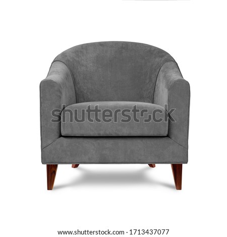 Classic armchair art deco style in grey velvet with wooden legs isolated on white background. Front view, grey shadow. Series of furniture Royalty-Free Stock Photo #1713437077
