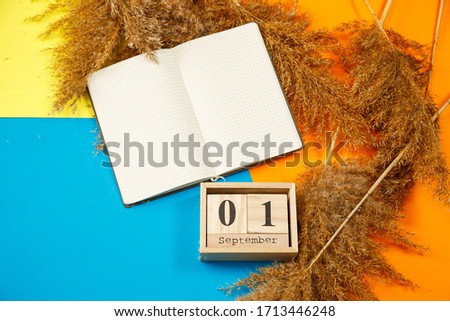 Calendar of wooden cubes with numbers and months. Notepad with white sheets. The first day of the school year. Choosing a number on a wooden calendar. September 1. September date