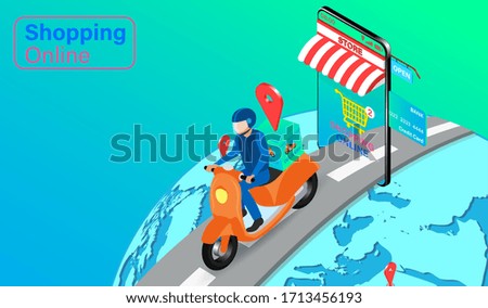Delivery express by scooter on global with mobile system GPS. Online food order and package in E-commerce by application. isometric flat design. Vector illustration