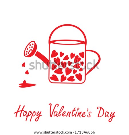 Love watering can with hearts inside. Happy Valentines Day card. Vector illustration. 