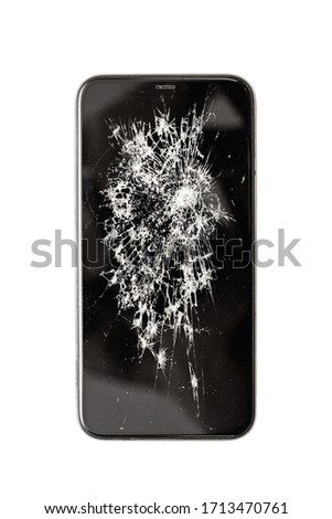 Black broken touch screen phone isolated on a white background. Phone with cracked screen