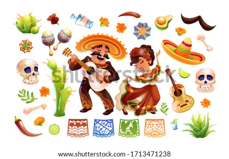 Mexican characters and objects set. People in traditional clothes. Mexican national symbols. Day of the Dead holiday. Vector illustration isolated on white