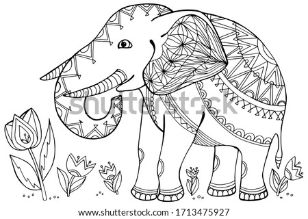 Drawing with an elephant and flowers. Hand draws antistress for children and adults. A large elephant with patterns and small details in colors. Design for children's books, textiles, packaging. color