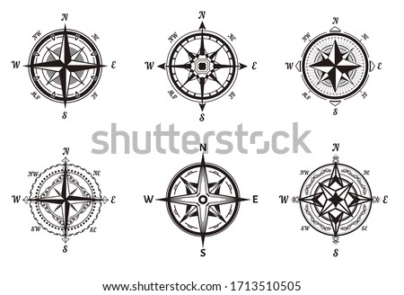 Rose of wind, nautical equipment, compasses isolated icons vector. Marine navigation, direction pointer, North and South, West and East. Sailing compact old device for orientation in sea or ocean