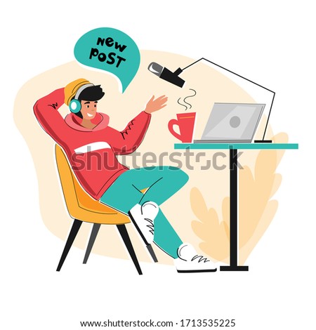 Social network of bloggers. A man leads his vlog. A young man sits at a laptop and speaks into the microphone. New post, podcast, Interview, , video recording in studio. Vector style illustration