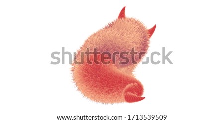 Red evil hairy cute monster from the back in white background