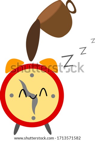 Sleeping alarm clock on which spills coffee The concept of a Good morning and a popular drink object on a white background.