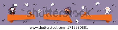 Hello Halloween, set paper cut banners with cute witch, vampire, ghost, mummy, bats. Isolated vector ribbons with Halloween characters for festive design