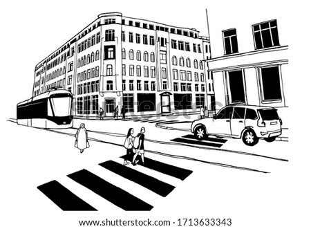 Cityscape hand drawn sketch. Ilustration of crosswalk, city street, people, tramway with tram, car and urban buildings. Coloring book page.