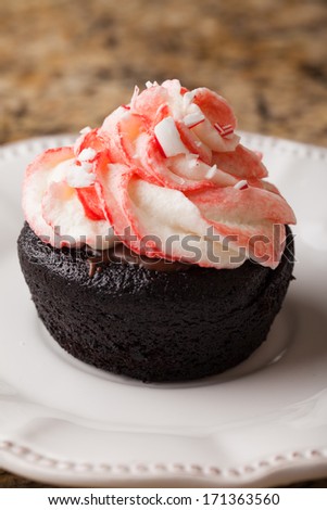 Macro shot of a gooey dark chocolate cupcake on a vintage white plate