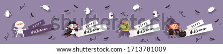 Hello Halloween, set paper cut banners with cute witch, vampire, ghost, zombie, mummy, bats. Isolated vector clip art with Halloween characters for festive design